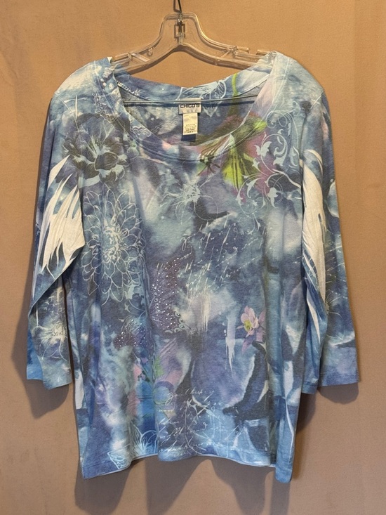 Chico's Tops - Chico's Blue Floral Wash Long Sleeve Tee with Subtle Embellishment